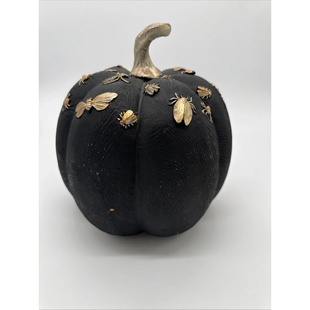 Black Resin Pumpkin with Gold Bugs